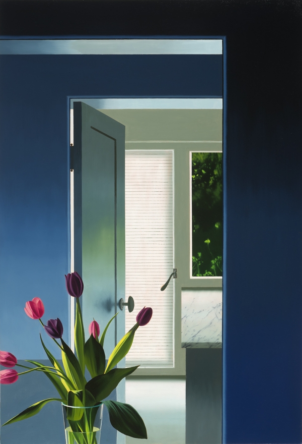 Bruce Cohen, Blue Interior with Tulips, Oil on canvas, Paintings, Still life