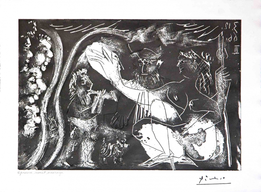 Pablo Picasso, Au Theatre: Couple Avec un Flutiste et un Petit Chien, from the 60 Series, 1966