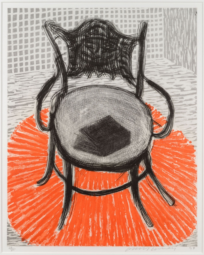 David Hockney, Chair with Book on Red Carpet, Etching and Aquatint