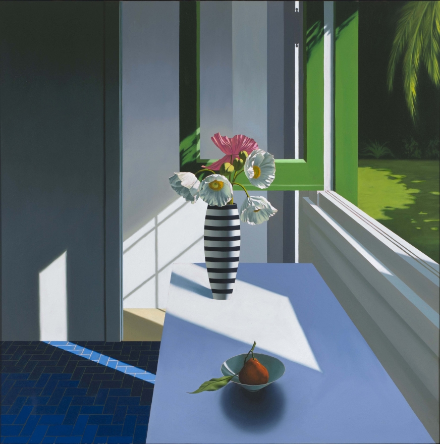 Bruce Cohen, Interior with Poppies in Striped Vase with Pear in Bowl, Oil on canvas