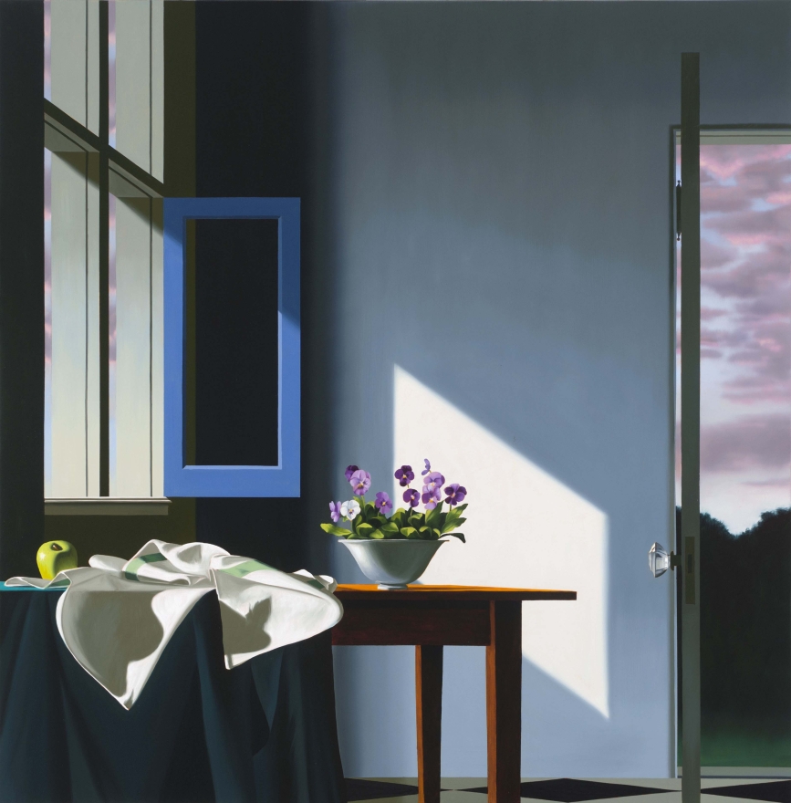 Bruce Cohen, Interior with Pansies and Sunset Sky, oil on canvas